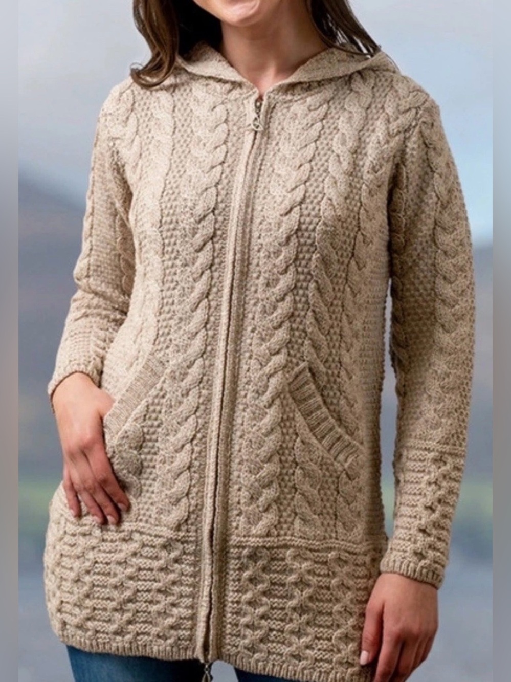 NWT‎ Aran Crafts Ireland Sweater Coat 100% Merino Wool Celtic FullZip Hooded  XS